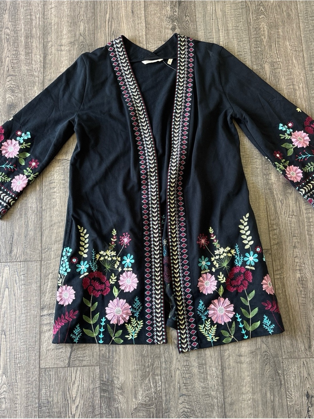 Soft Surroundings Black Embroidered Floral Open-Front Cardigan - Picture 7 of 9